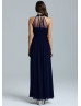 Navy Blue Chiffon Beads Halter Neckline Long Prom Dress 
